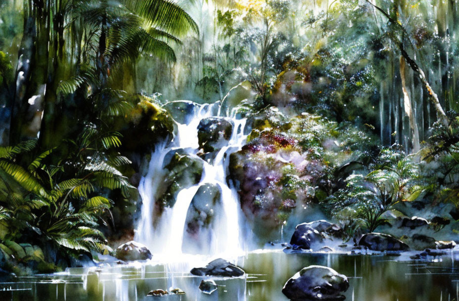 Tranquil waterfall in lush tropical forest