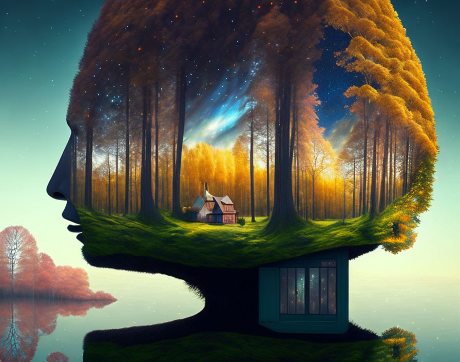 Autumnal forest and cottage in human head silhouette