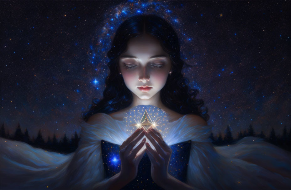 Dark-haired woman with celestial aura holding glowing star in starry night sky scene