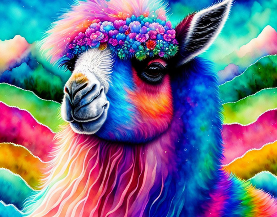 Colorful llama illustration with floral headband on rainbow backdrop