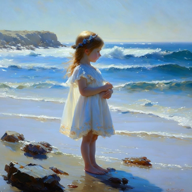 Young girl in white dress on rocky beach with crashing waves and cliffs under blue sky