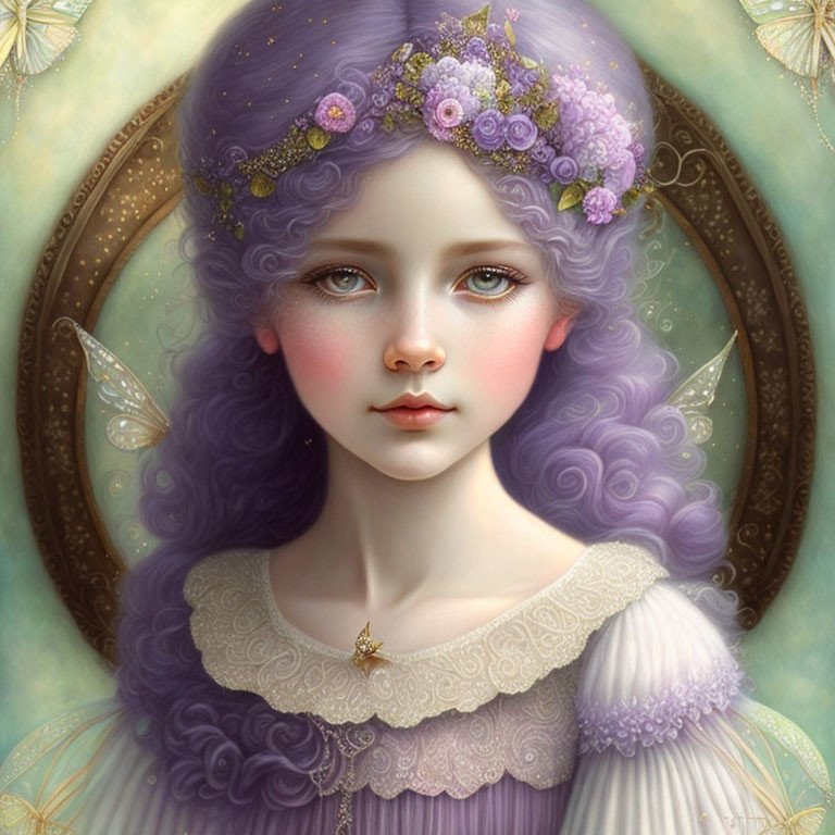 Fantasy female character with purple hair, floral crown, fair wings, and vintage dress.