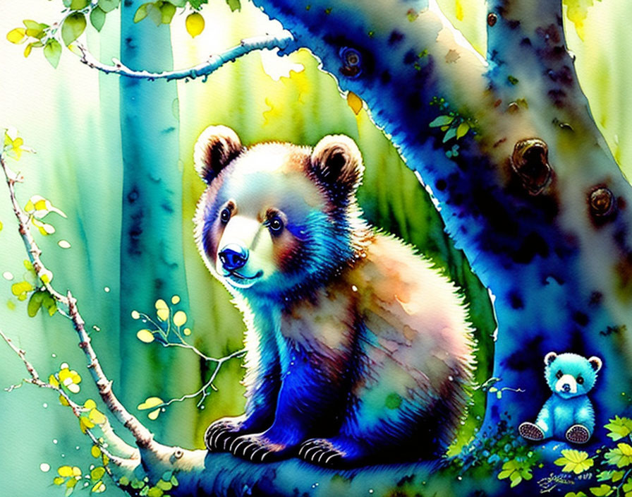 Young bear with teddy bear in vibrant forest scene