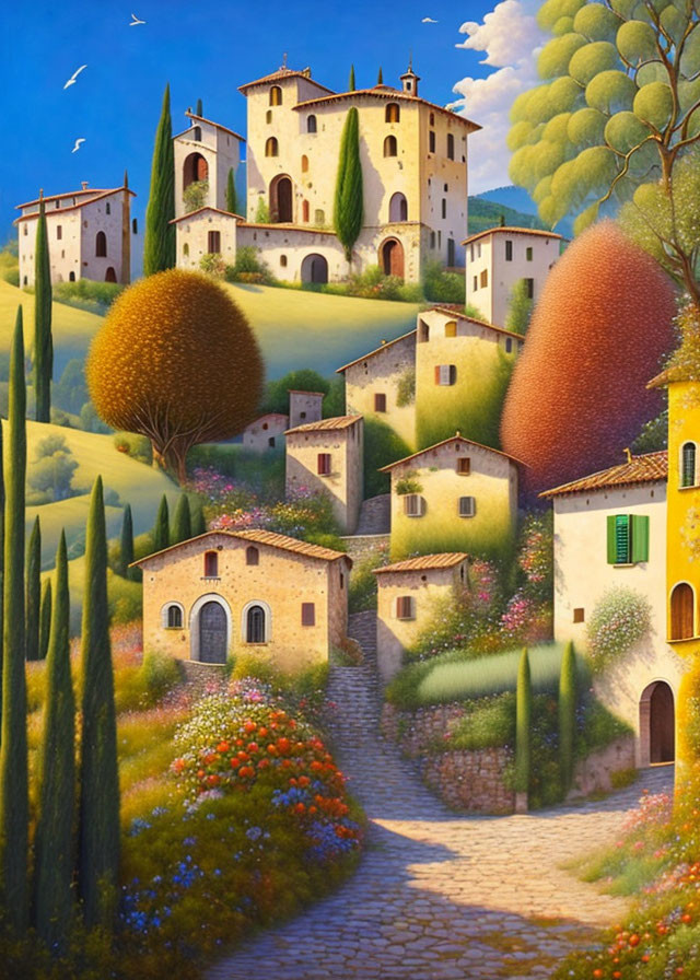 Scenic hillside village painting with colorful flora and cypress trees