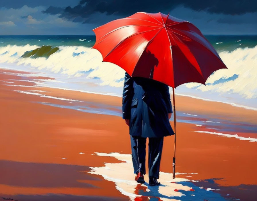 Person in trench coat and red shoes with red umbrella on sandy beach under cloudy sky