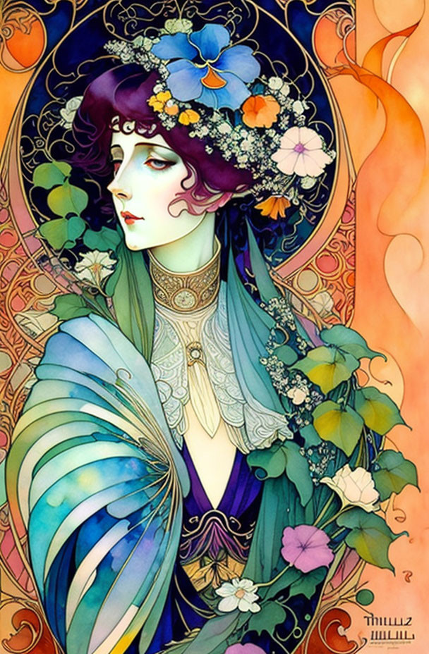 Art Nouveau Woman Illustration with Floral Headpiece