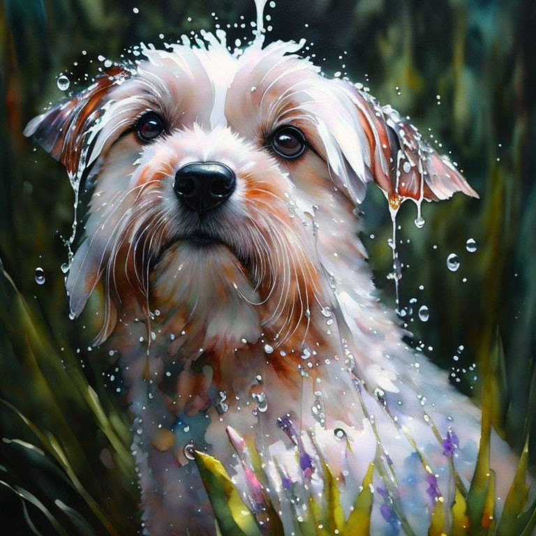 Colorful painting of wet dog surrounded by water droplets and flowers