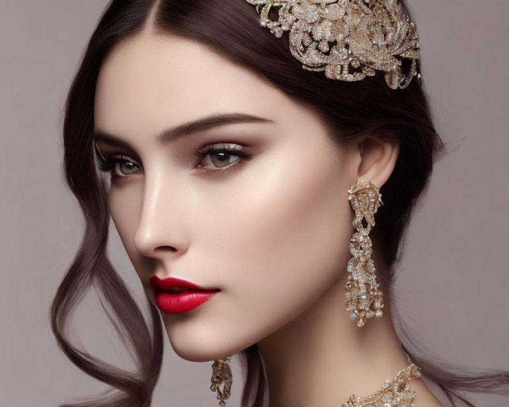 Woman with Red Lipstick and Golden Tiara: Elegant Curled Hair Look