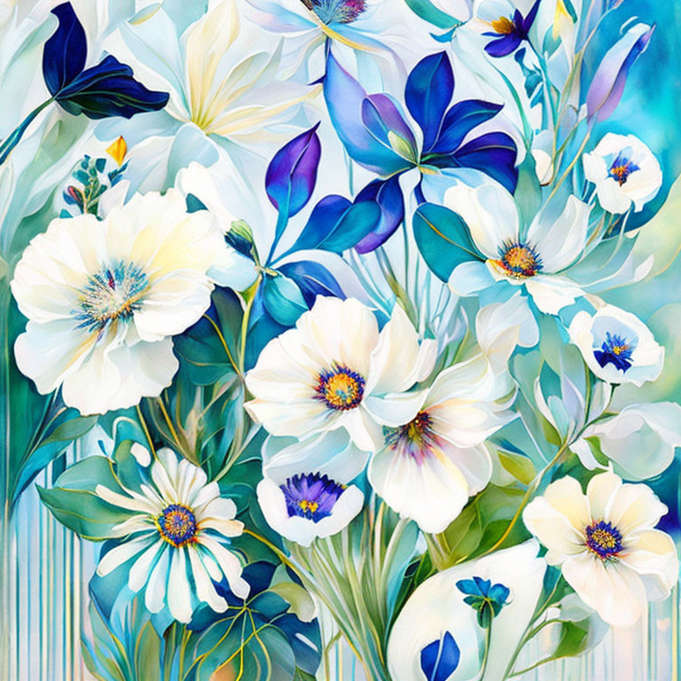 Colorful floral painting with blue and white flowers and a dark blue butterfly