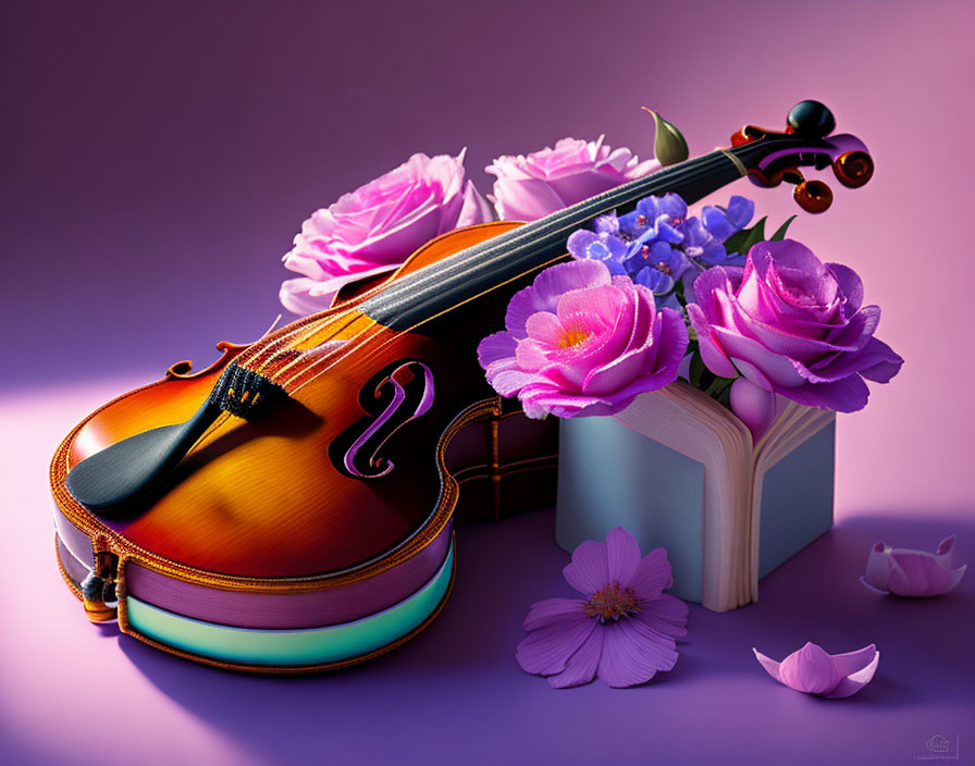 Violin on colorful books with pink and blue flowers on purple background