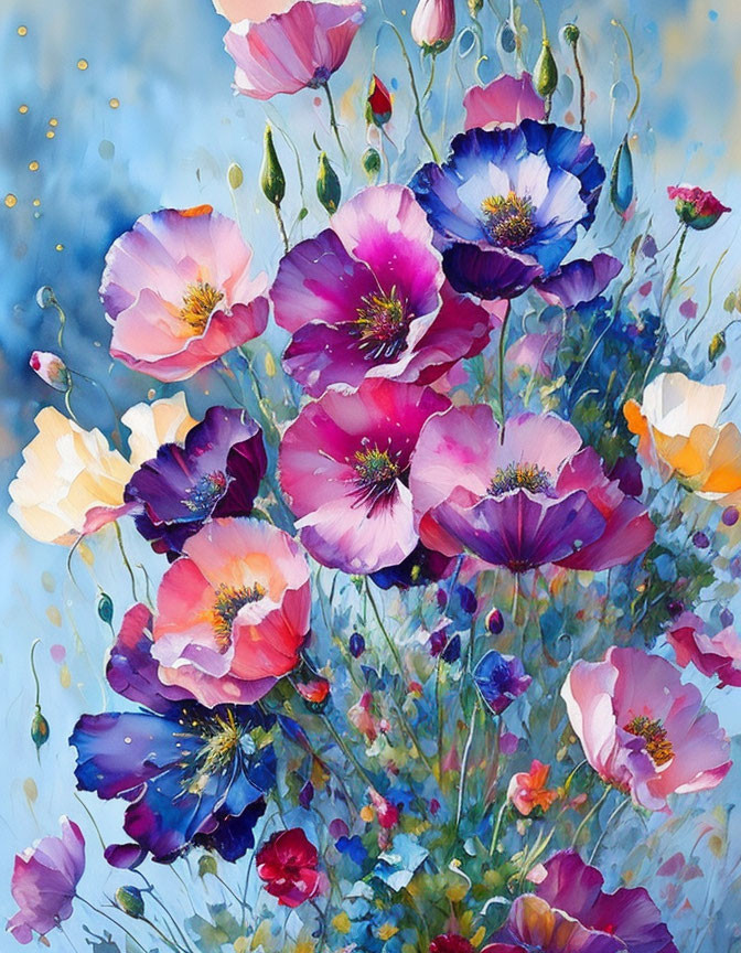 Colorful Watercolor Painting of Blooming Flowers in Purple, Pink, and Blue