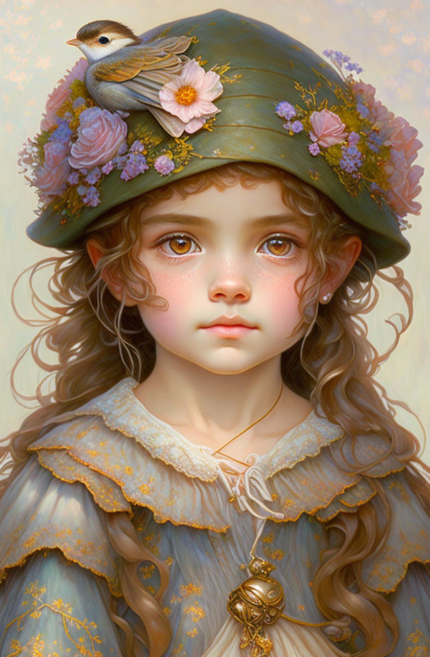 Young girl with large eyes in vintage dress and floral hat with bird - Digital Illustration