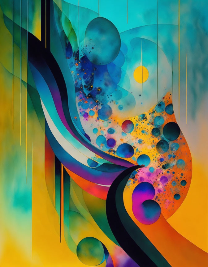 Colorful Abstract Painting with Swirls and Dots in Blue, Yellow, and Orange