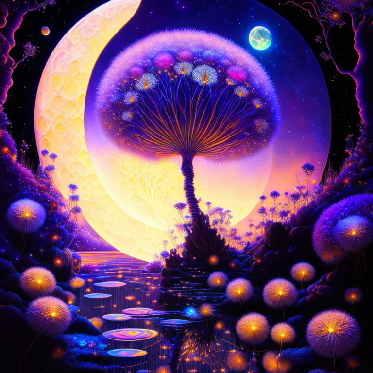 Fantasy landscape with luminous tree, glowing flowers, crescent moon, and shimmering water