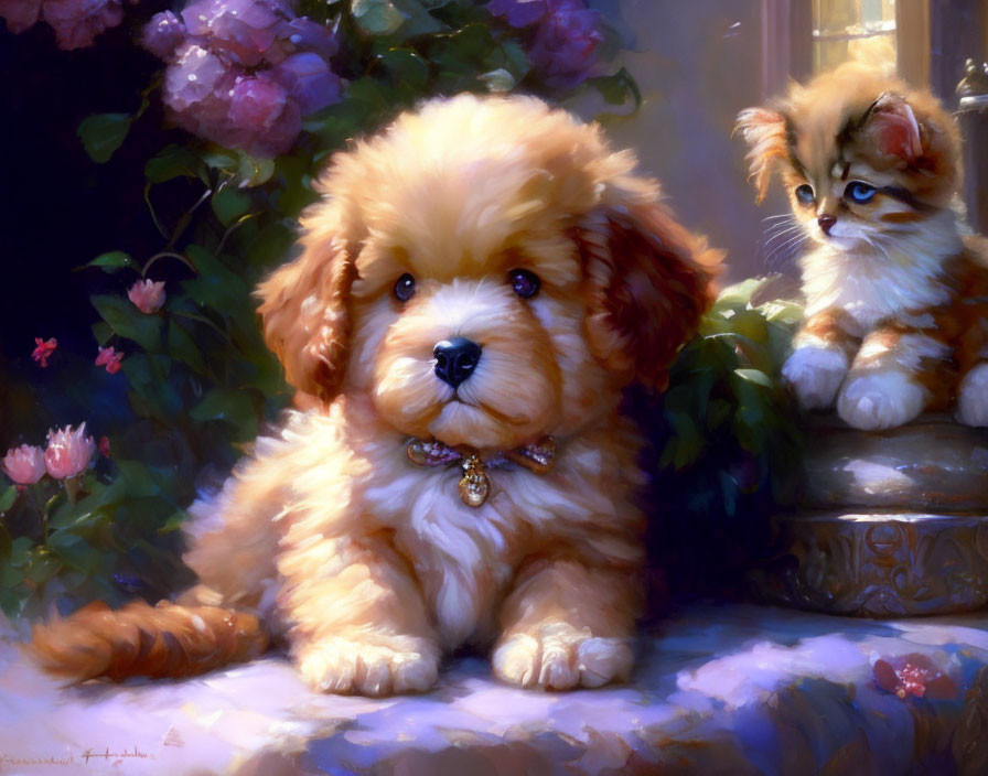 Adorable fluffy puppy and kitten with collar in sunny flower bokeh