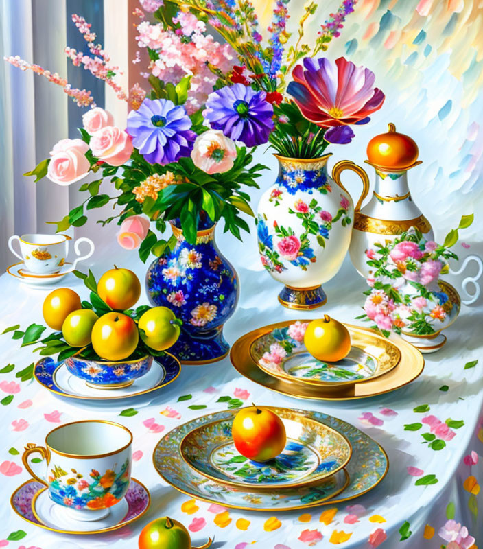 Colorful still life painting with floral tea set, lemons, and flowers by window