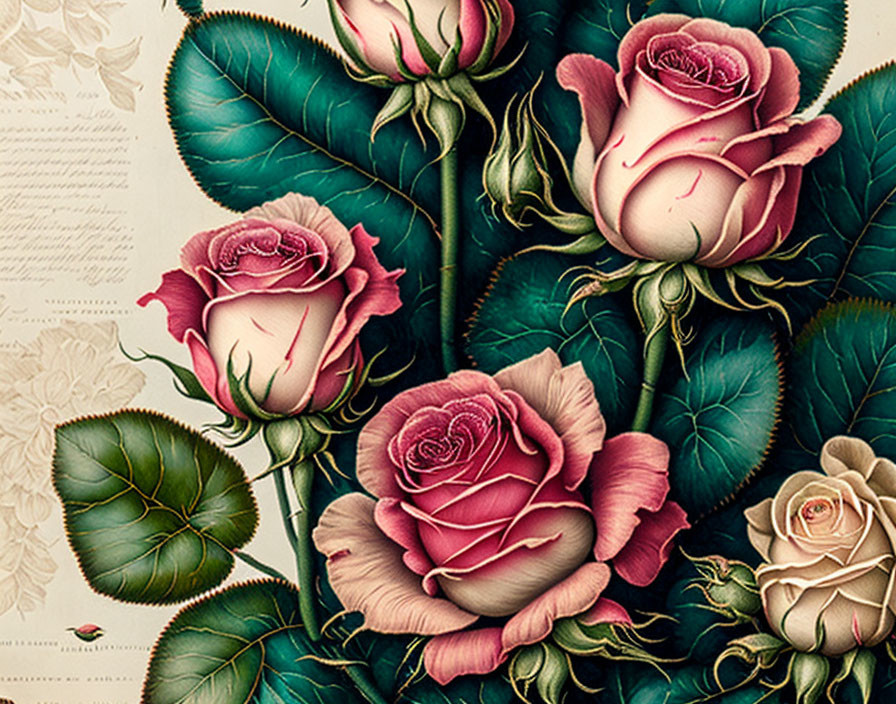 Detailed vintage botanical illustration of lush pink roses on antique background.