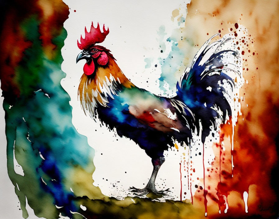 Vibrant Rooster Watercolor Painting in Blue, Red, and Green