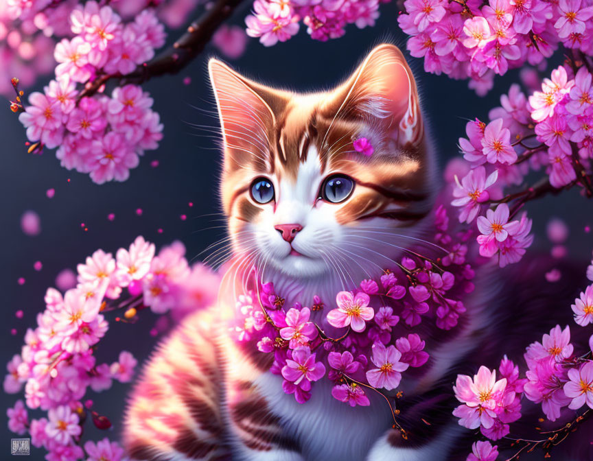 Orange-and-white cat with pink cherry blossoms on dark background