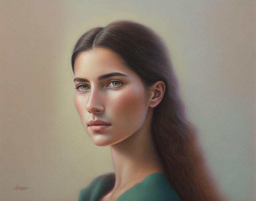 Digital portrait of a woman with long brown hair and green eyes in serene expression wearing green garment.