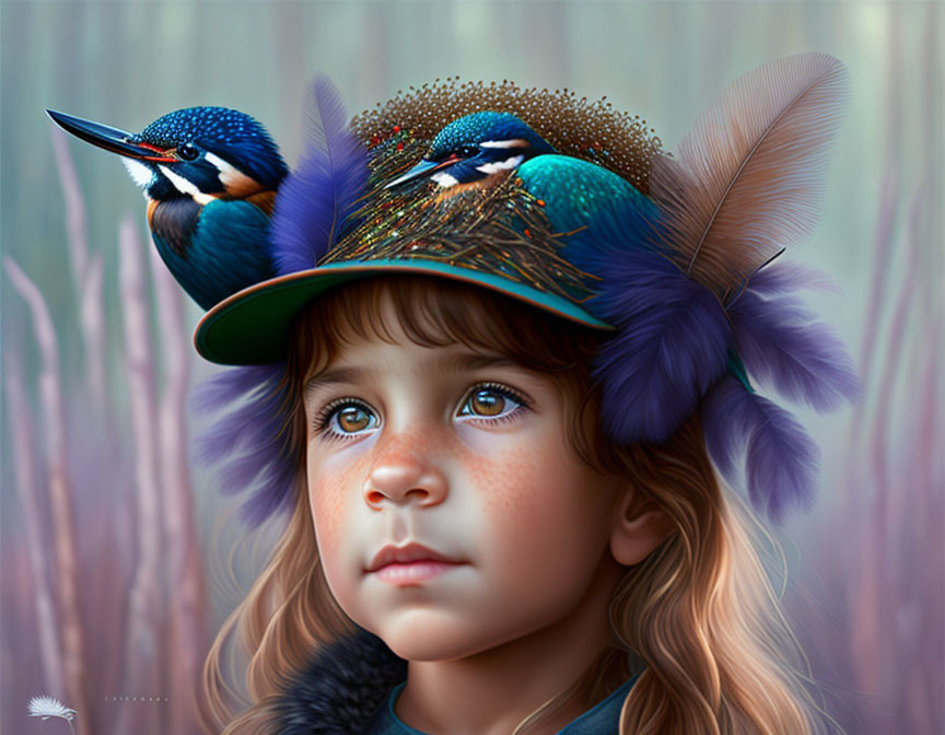 Digital artwork: Young girl with expressive eyes in kingfisher cap