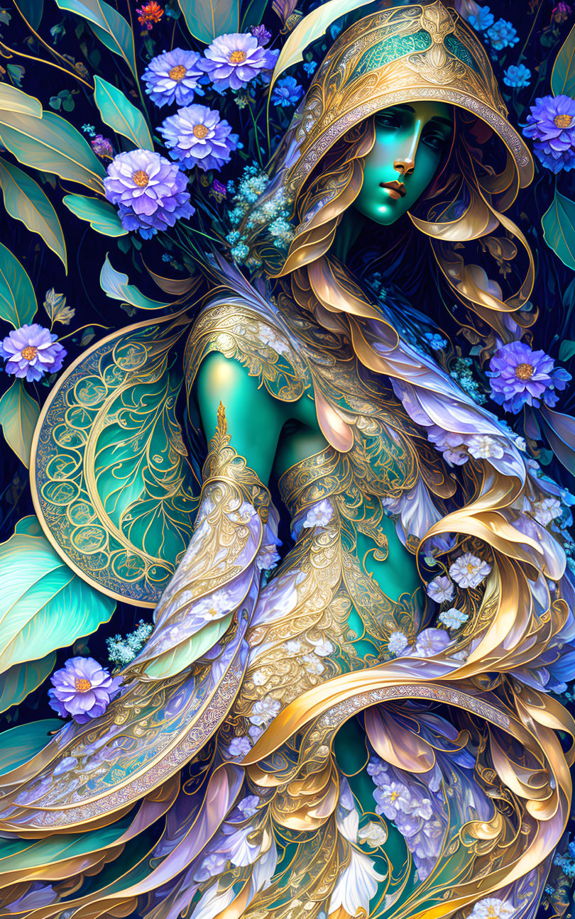 Detailed artwork of woman with golden hair in teal and gold attire, amidst purple and blue flowers