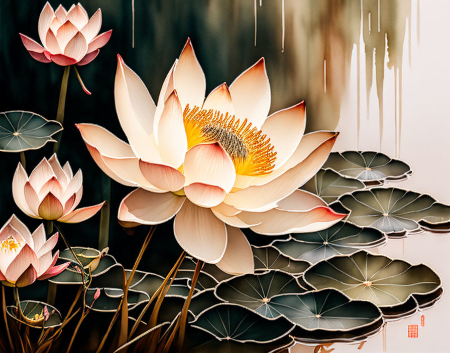 Stylized painting of blooming lotus flowers on green lily pads