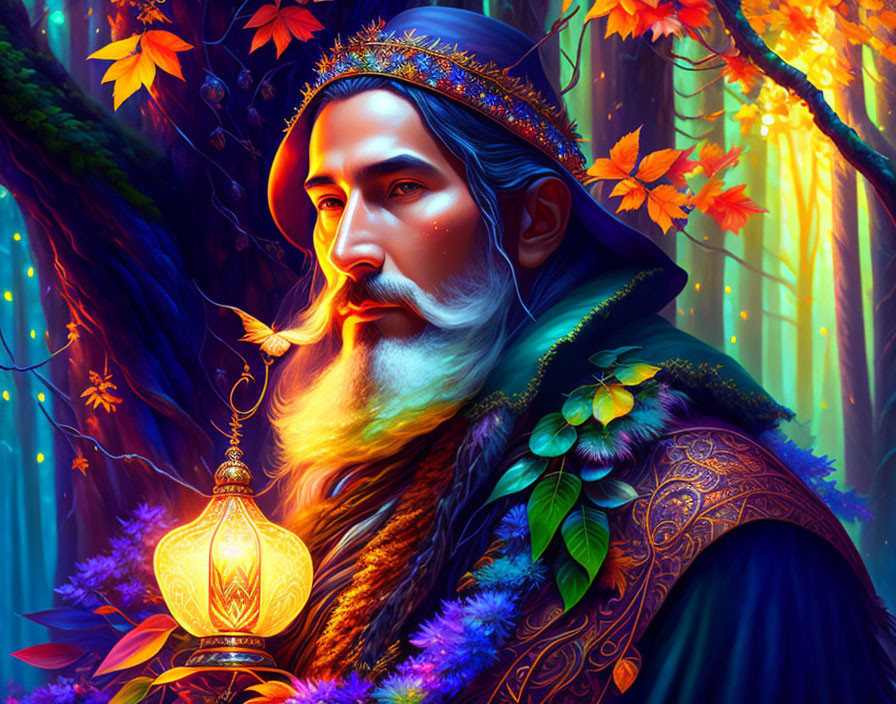 Royal figure with white beard in jeweled crown and lantern in enchanted autumn forest