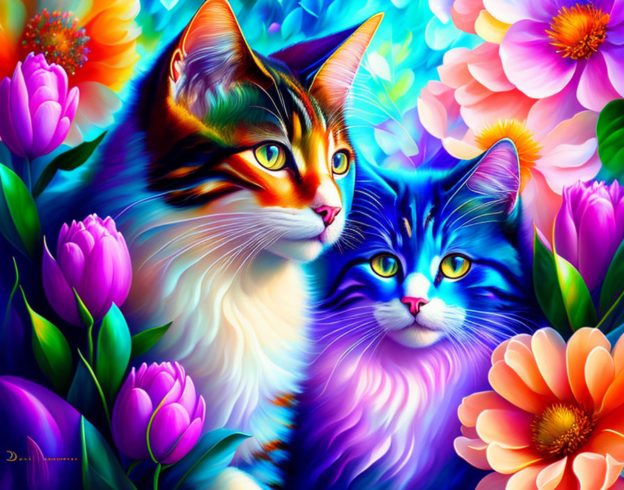 Colorful Cats in Floral Background with Lush Flowers