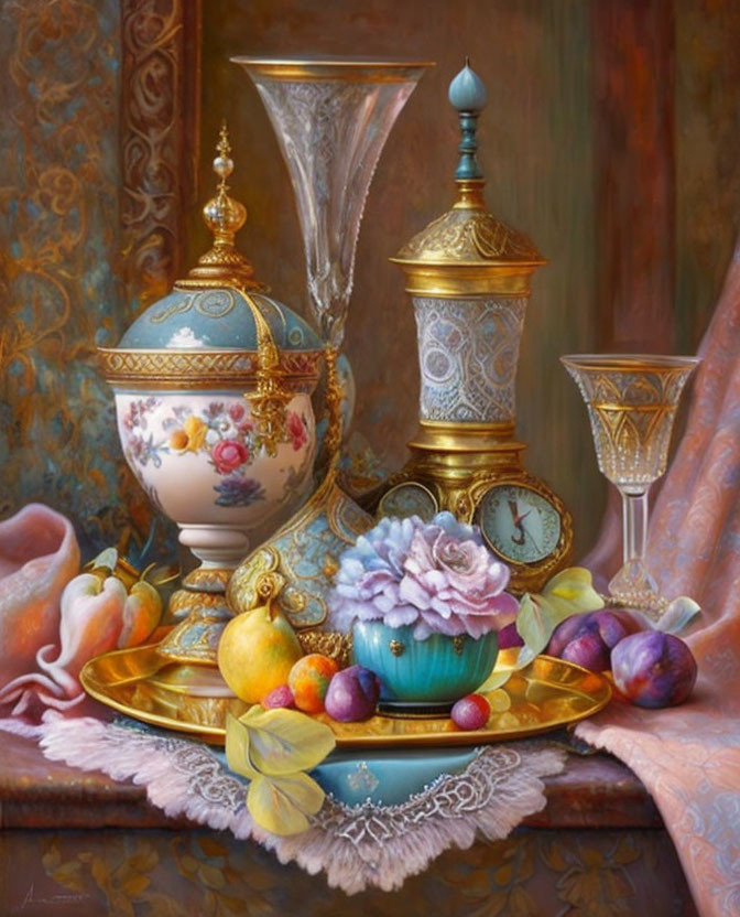 Intricate still life featuring floral porcelain egg, fruit, turquoise bowl, crystal glasses, clock,