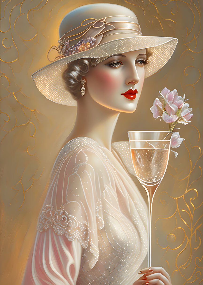 Vintage Style Woman Illustration with Wide-Brimmed Hat and Champagne Glass