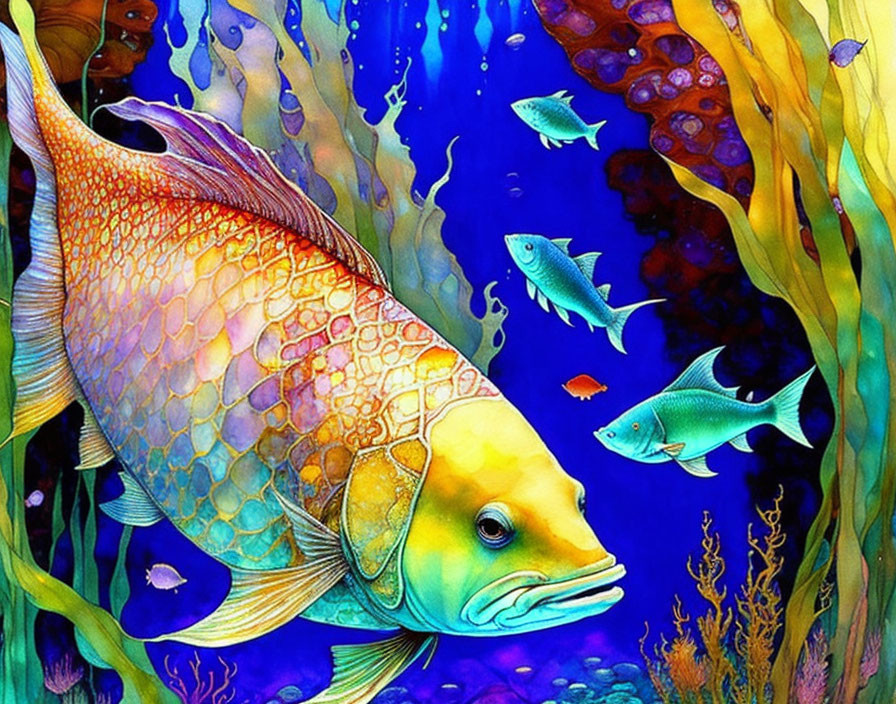 Colorful Underwater Scene with Large Golden Fish