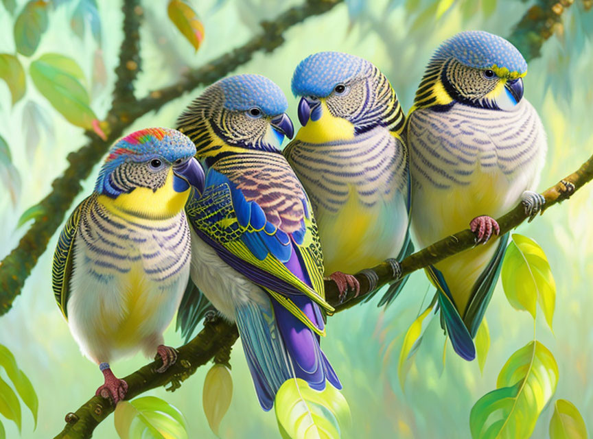 Four Colorful Budgerigars Perched on Branch with Green Foliage