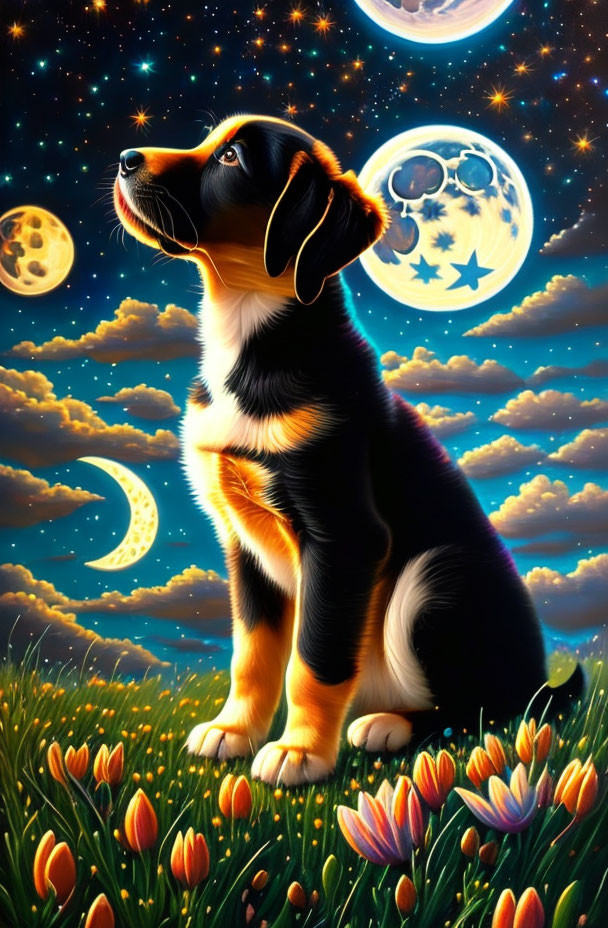 Illustration of a puppy under a starry night sky with crescent moons and tulips