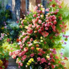 Colorful Flower Cascade Beside Sunlit Wall and Elegant Doorway