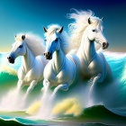 Majestic white horses running on beach under bright sky