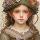 Young girl with large eyes in vintage dress and floral hat with bird - Digital Illustration