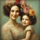 Woman and girl portrait with serene expressions and floral headpieces.