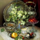 Ornate vintage still life with tea set, flowers, pocket watch, and fruit