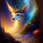 Luminescent mystical stag in enchanted forest with moon and sparks