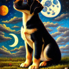 Illustration of a puppy under a starry night sky with crescent moons and tulips