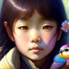 Digital artwork: Young girl with large brown eyes, blossoms, and colorful bird.