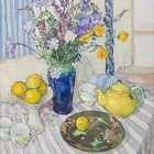 Colorful still life painting with floral tea set, lemons, and flowers by window