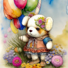 Floral Decorated Plush Bear with Dress Surrounded by Flowers and Balloons