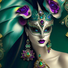 Extravagant masquerade mask with peacock feathers and jewels on a woman's face