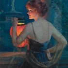 Woman in flowing gown holds candle lantern in blue-toned setting