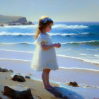 Young girl in white dress on rocky beach with crashing waves and cliffs under blue sky