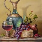 Detailed still-life painting with jug, wine cup, china cup, cat, and vibrant flowers.