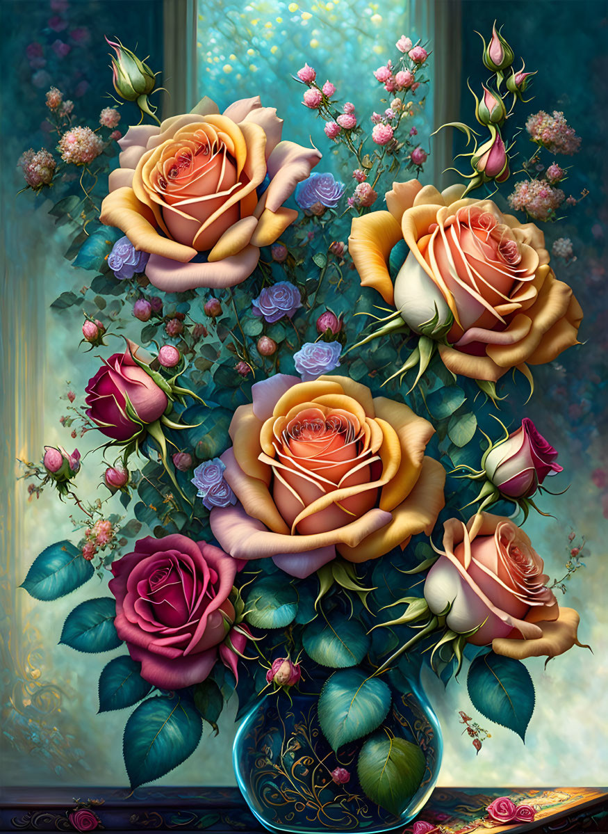 Digital painting of oversized roses in peach, pink, and crimson, in a blue vase against a mo