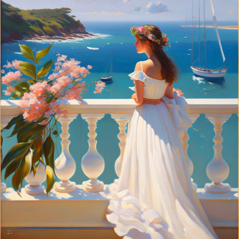 Woman in white dress overlooking sailboats on serene sea from floral balcony